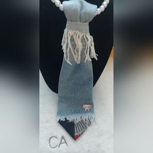 Light Denim Tie with Fringe and Heart butterfly Pin